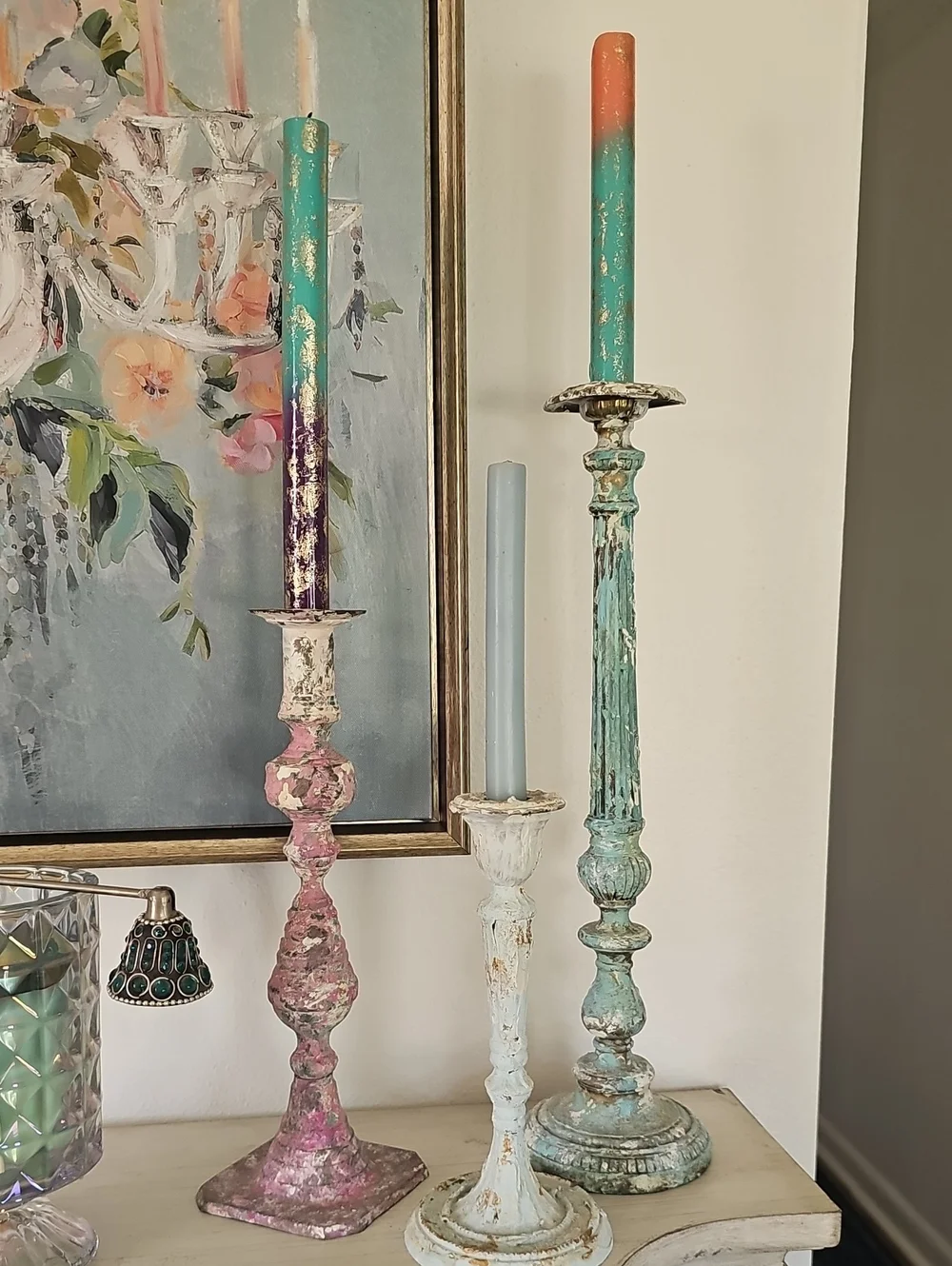 Distressed Multicolor Tall Candlestick Trio - Eclectic Accent